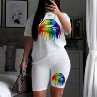 two piece set lips women t shirts and shorts sets summer casual short sleeve joggers tracksuit sexy outfit for woman clothing