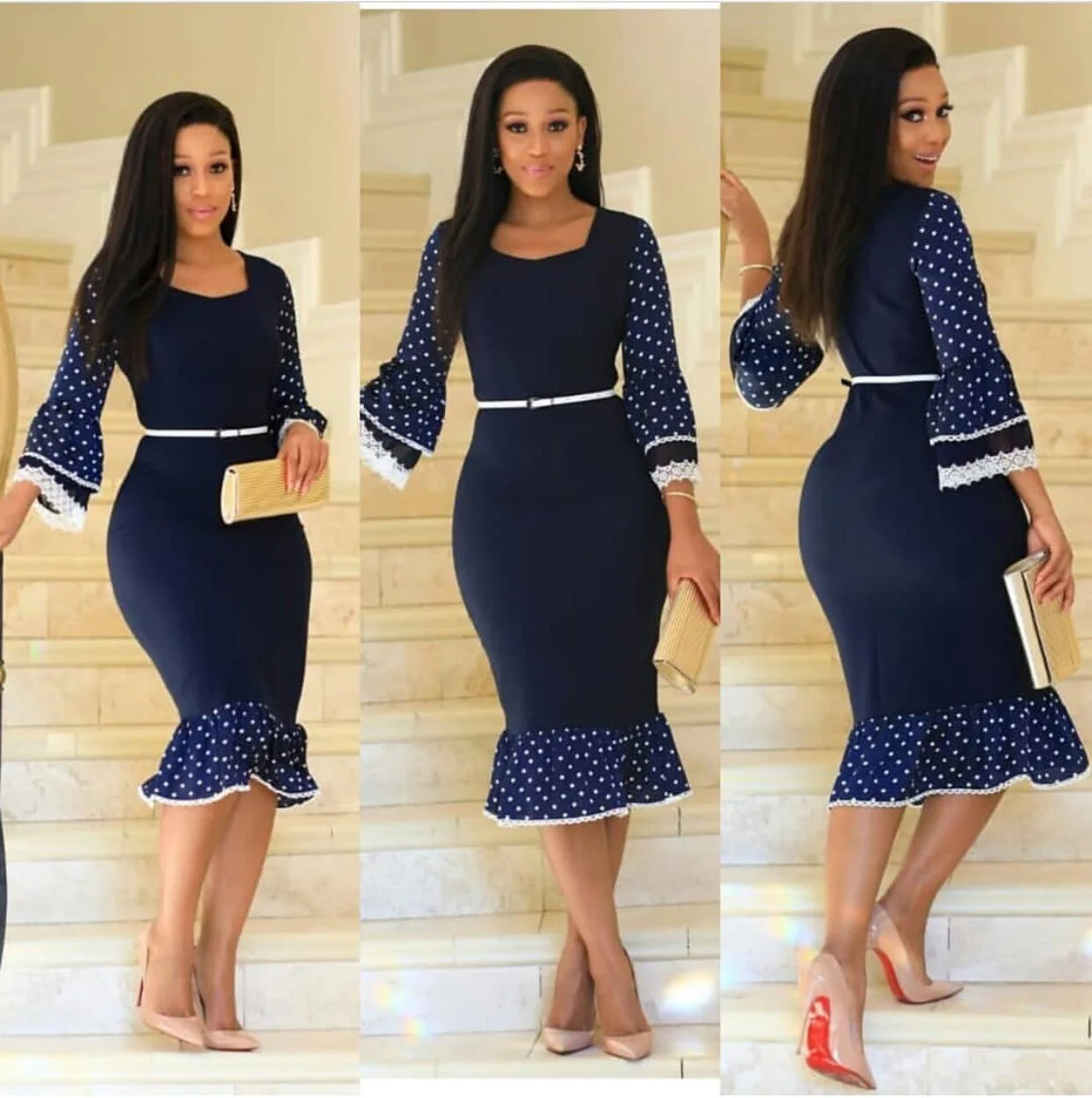 Женское офисное платье средней длины с оборками и поясом вечерние платья высокой