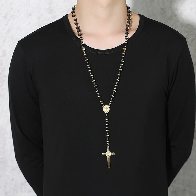 Meaeguet Black/Gold Color Long Rosary Necklace For Men Women Stainless Steel Bead Chain Cross Pendant Women's Men's Gift Jewelry