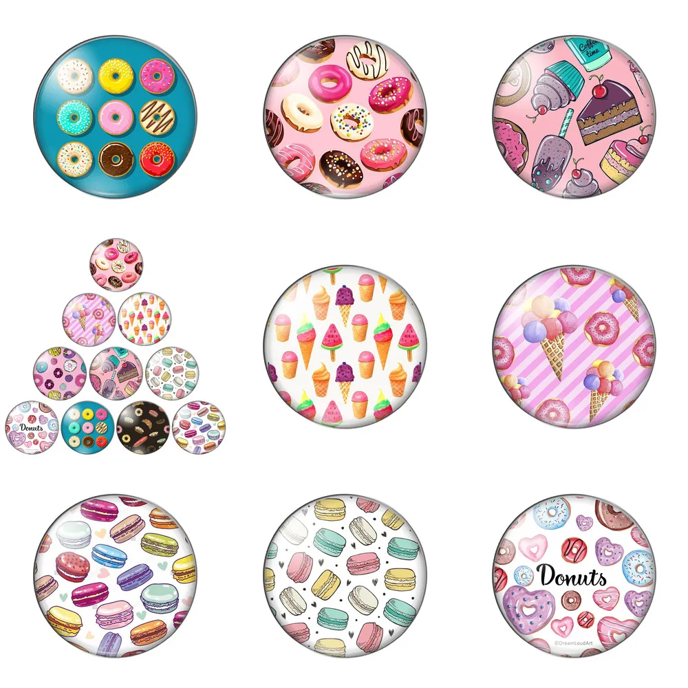 

New Delicious Donuts Sweetmeats Ice Cream Painting 12mm/20mm/25mm/30mm Round Photo Glass Cabochon Demo Flat Back Making Findings