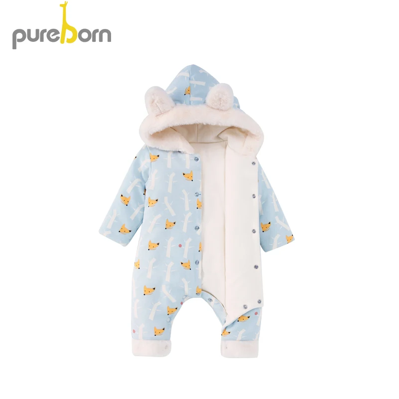 Pureborn комбинезон для младенцев мальчиков девочек Комбинезон утепленный с капюшоном флис полиэстер длинный рукав мультфильм лиса без ног одежда зимняя одежда