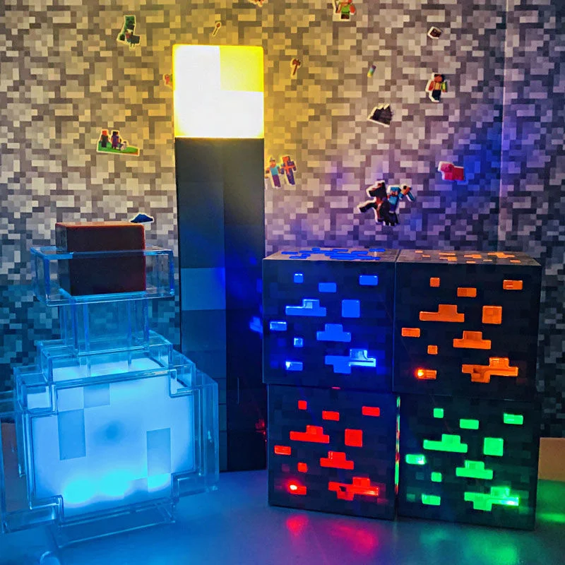 

Pixeled Light Up LED Night Desktop Light Luminous Toys World Game Design Torch Lamp Redstone Ore Square HandHeld Party Gift