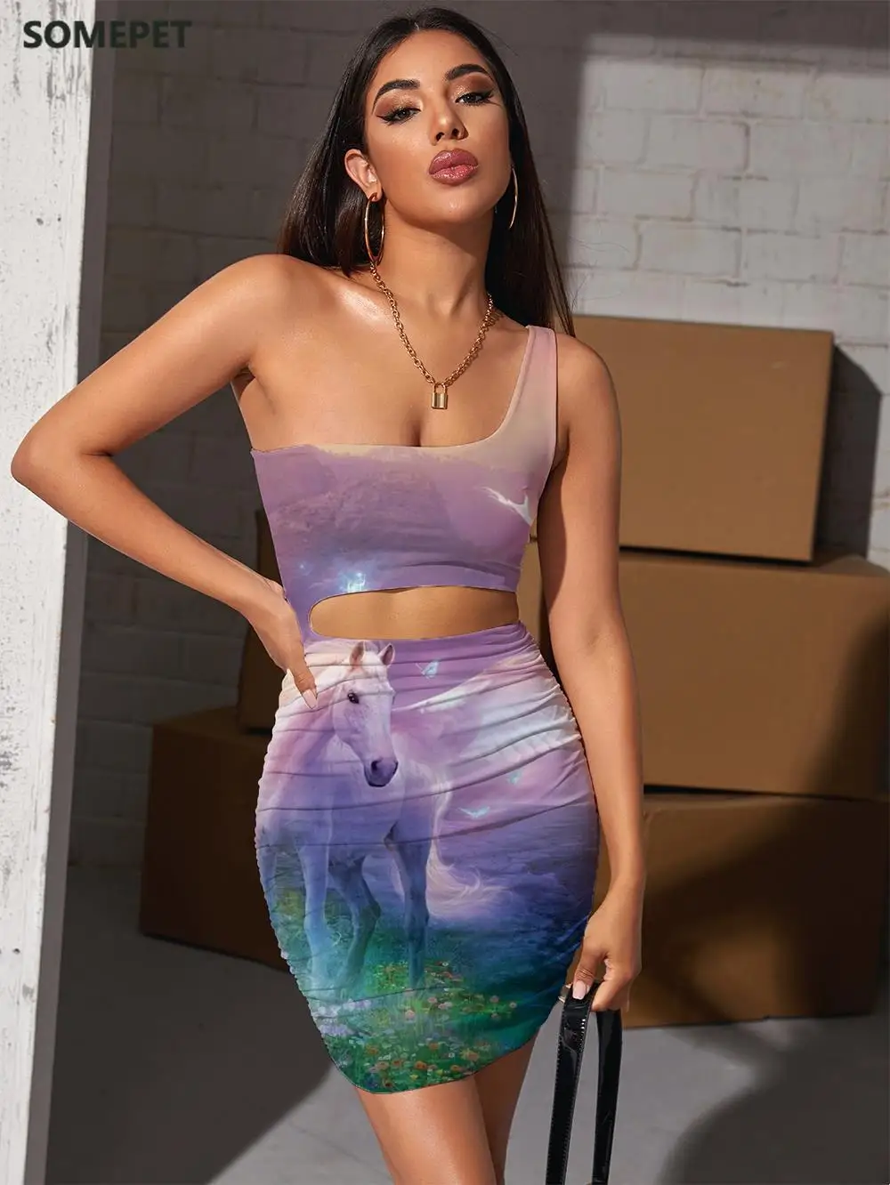 

Брендовое платье в виде единорога, женское облегающее платье с животными, платье в стиле Харадзюку со складками в виде птиц, сексуальная жен...