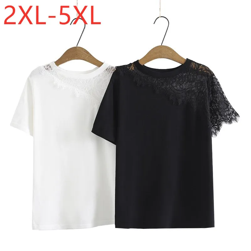 

New 2021 Ladies Summer Plus Size Top For Women Large Short Sleeve Elastic Cotton Black White Lace O-neck T-Shirt 2XL 3XL 4XL 5XL