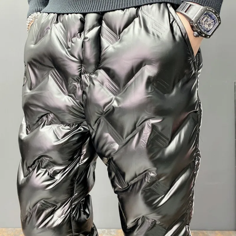 

Winter Men Fashion Glossy Thickening Cotton Harem Pencil Pant Micro-Elasticity Casual Pants Drawstring Pocket Male Streetwear