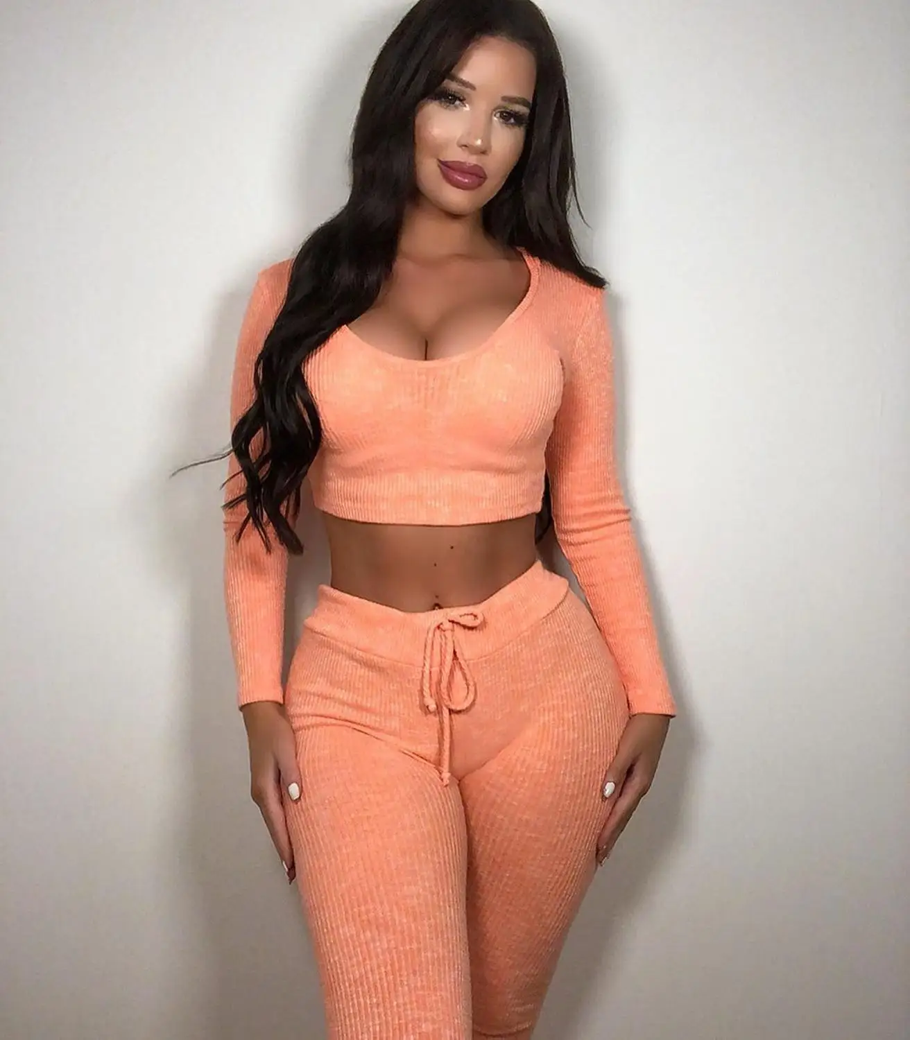 

Sexy Solid Two Pieces Women Sets Square Neck Long Sleeve Crop Tops High Waist Fitness Pants Tracksuits For Nightclub Party Wear