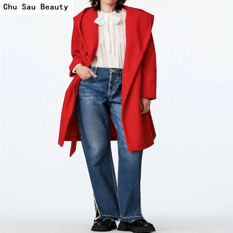 

2021 ZA New Women's Double-Breasted Hooded Coat With Belt Autumn And Winter Fashion Loose Casual Red Black Long-Sleeved Jacket