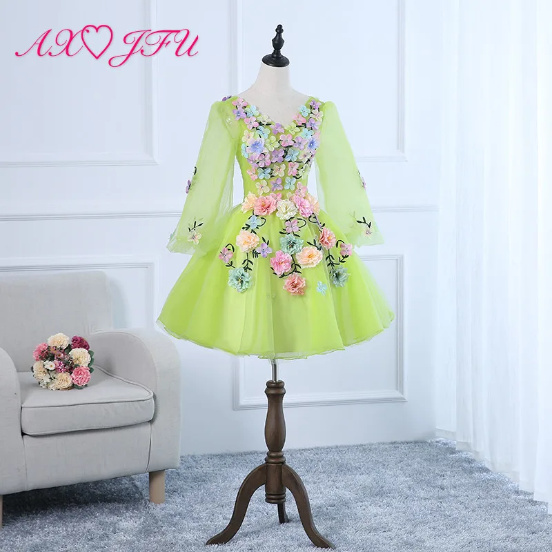 

AXJFU princess green lace flower bride evening dress vintage v neck long sleeve beading flower host short yellow evening dress