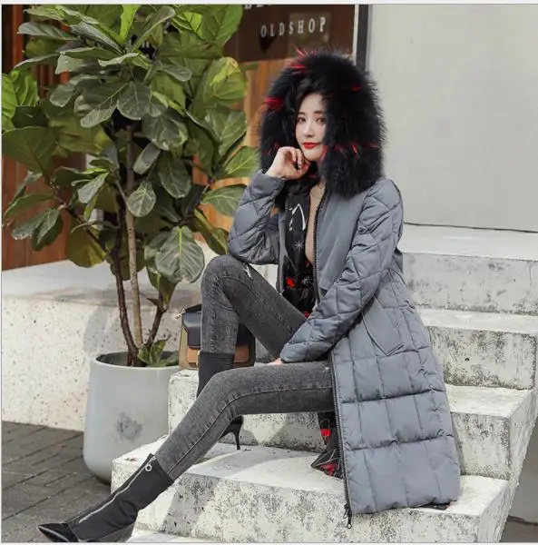 Dark Gray Модный принт, зимняя женская куртка, двусторонняя, для ношения, пуховик, хлопковое пальто, женское, толстое, с капюшоном, с разноцветным меховым воротником, парки H053 - Цвет: Dark Gray