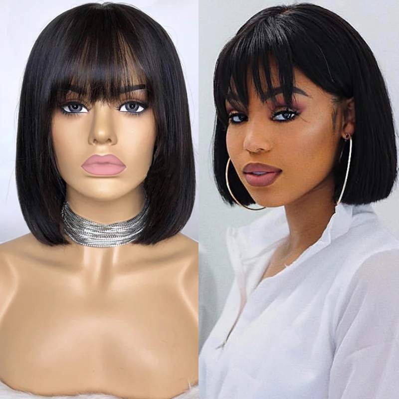 

LUFFYHAIR Bob Cut Lace Front Short Human Hair Wigs With Bangs Brazilian Remy Hair Straight Bob Wig For Women