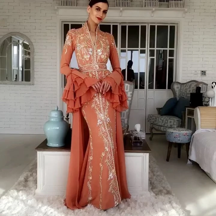 

Elegant Moroccan Caftan Evening Dress V-Neck Applique Summer Dress A-Line Special Occasion Saudi Arabia Prom Dress Custom Made