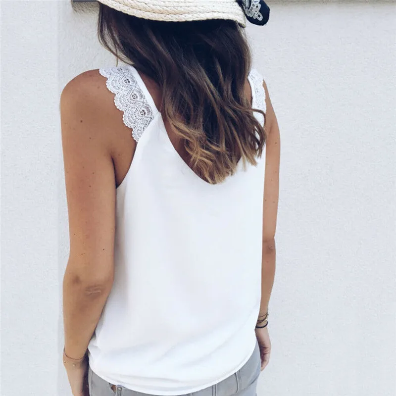 

Fashion Women V-Neck Lace Top Elegant Sleeveless Summer Vest Loose Tank debardeur femme Tank Ladies Tee camisa feminina