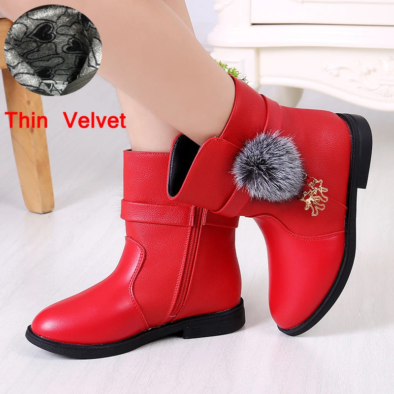 Thin Velvet Red Детские зимние ботинки; нескользящие ботинки для принцессы для девочек; сезон осень-зима; Новинка года; модные детские ботинки; бархатные теплые ботинки - Цвет: Thin Velvet Red