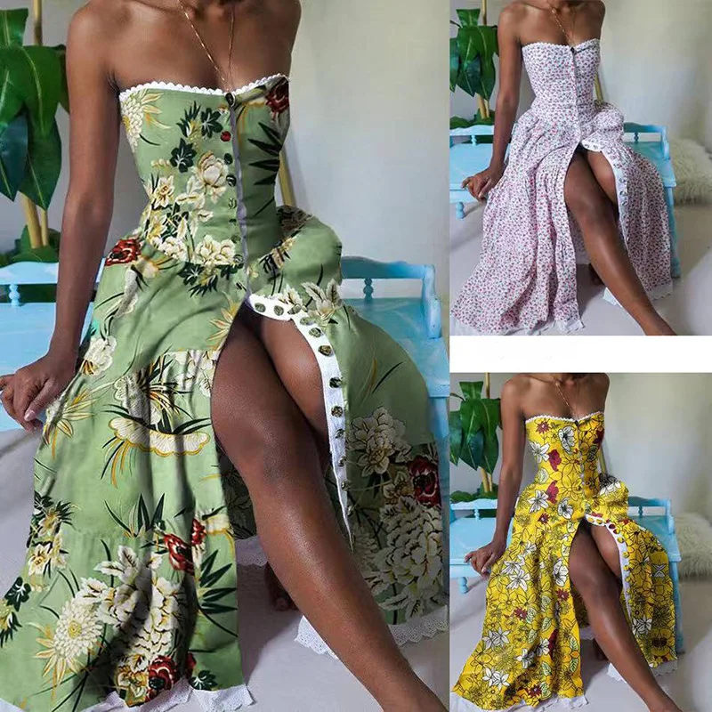 

WEPBEL Summer Beach Vacation Single-Breasted Slim Fit Slit Strapless Dress Women's Sexy Printed Dress