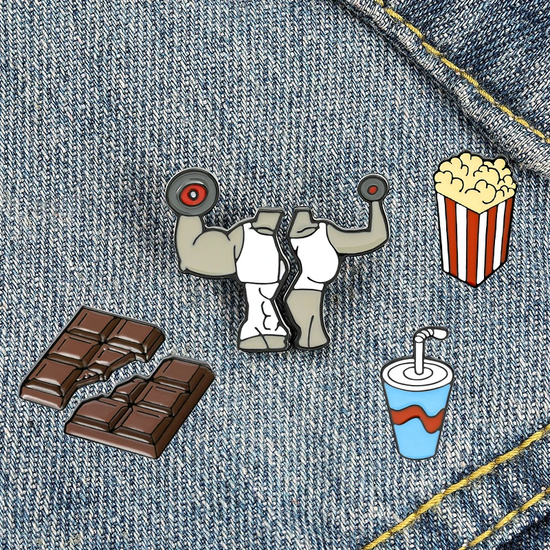 

Dumbbells Fitness Enamel Pin Custom Chocolate Cola Popcorn Food Brooch Lapel Pins for Backpacks Metal Badge Jewelry Wholesale