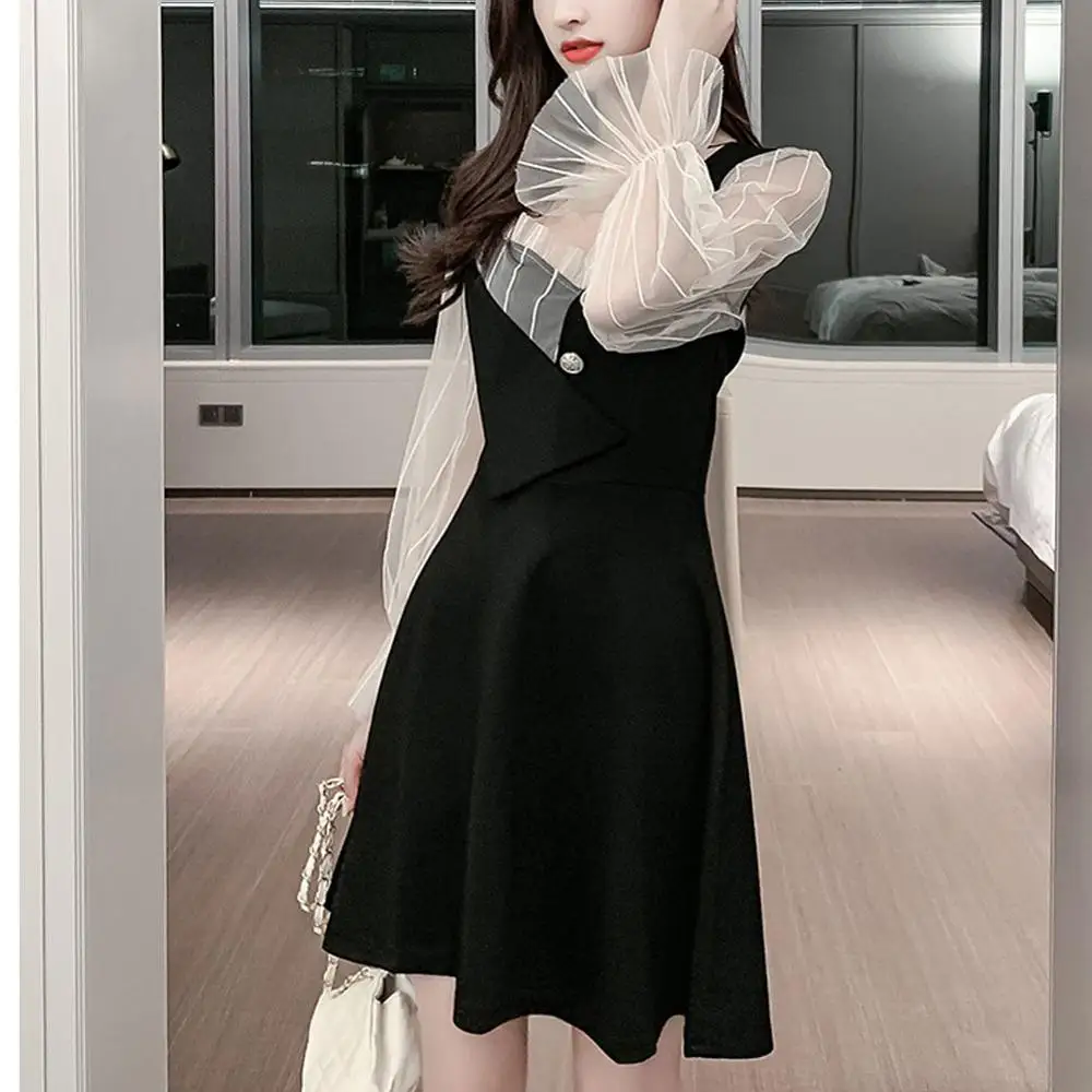 Женское винтажное платье средней длины элегантное черное с длинными