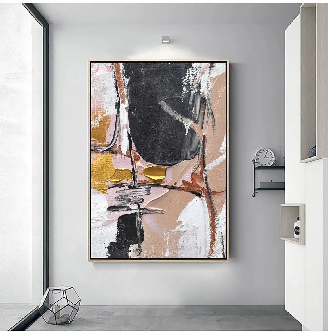 

Большая абстрактная картина на холсте розовая краска румяна и золото Настенный декор абстрактное искусство холст черная и Золотая Настенн...