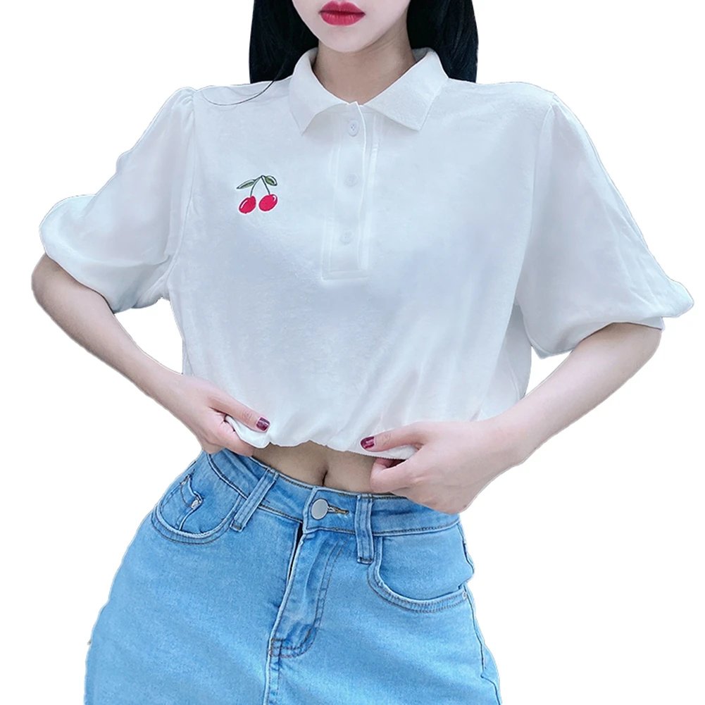 

Womens Summer Short-sleeved Top Fashion Cherry Embroidery Loose Exposed Navel T-shirt