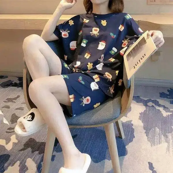 

New Pajamas Suit For Women's Summer Large Loose Casual Style Cartoon Sleepwear Ladies Lovely Home Clothes Femme Two Piece Set