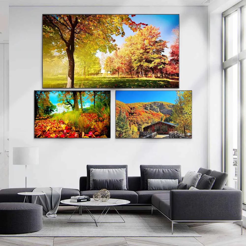 

Landscape oil painting autumn gingko tree house art canvas painting living room corridor office home decoration mural