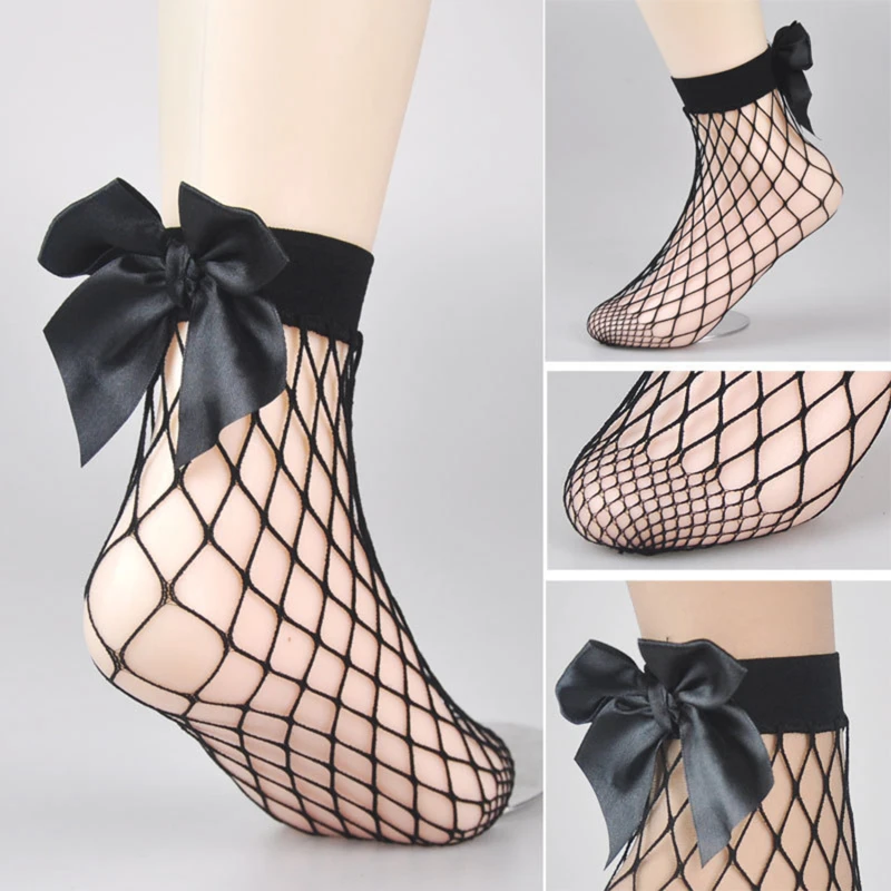 

Chic Women's Harajuku Breathable White Bow Knot Fishnet Socks Sexy Hollow Out Mesh Nets Socks Ladies Girl Lolita Style Bow Sox