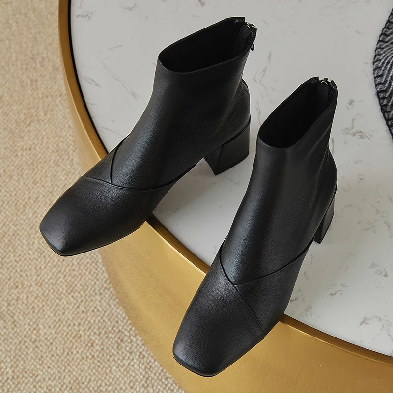 

High heels Ankle Boots Women Autumn Winter Warm Genuine Leather Concise Short Boots Square Toe Basic Office Shoes Woman
