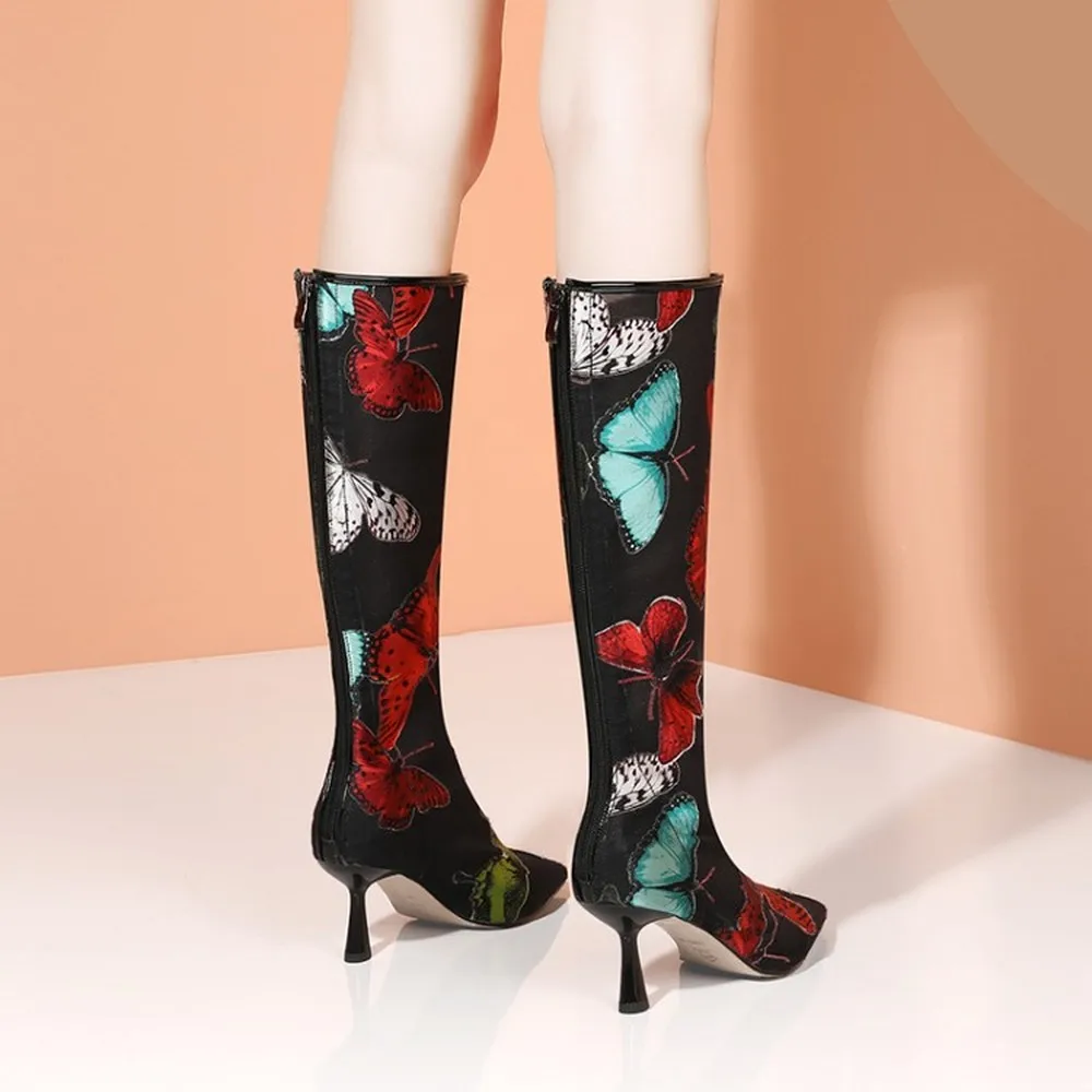 

Women Pointy Toe Embroidery Floral Butterfly Printed Mesh Knee Thigh High Boots Sandals Stilettos High Heel Shoes Real Leather