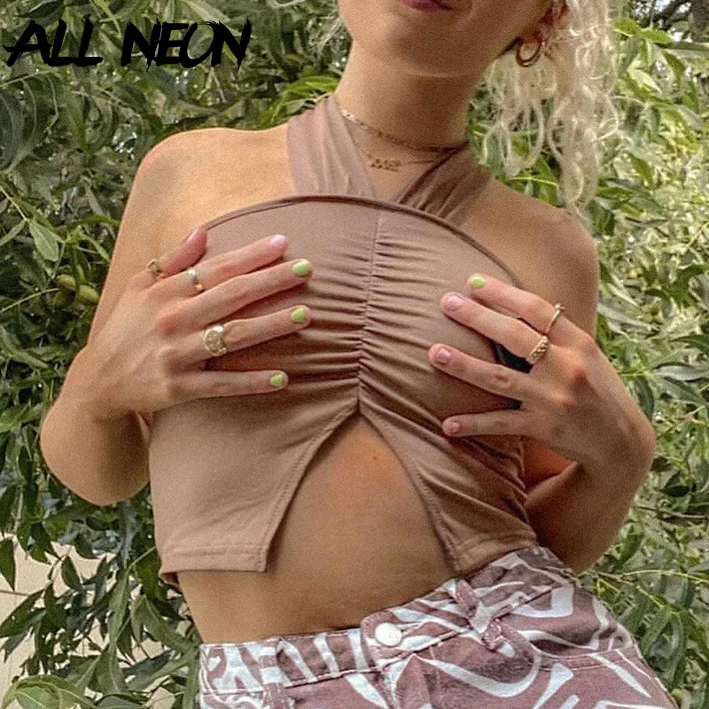 

ALLNeon E-girl Vintage Sexy Backless Ruched Brown Tank Tops Y2K Fashion Open Shoulder Slit Hem Crop Tops Sleeveless Club Outfits