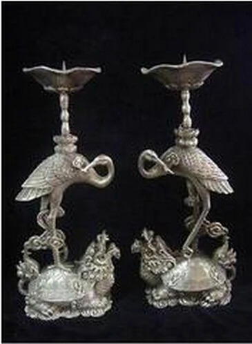 1107 + пара китайский Тибетский серебристый подсвечник вырезанная черепаха кран
