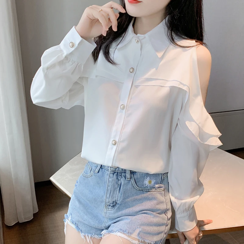 

LJSXLS Chiffon Ruffles Blouse Women 2020 Autumn Fashion Turn-down Collar White Shirt Sexy Off Shoulder Korean Womens Clothing