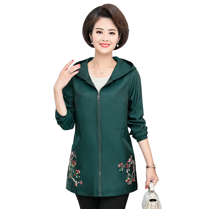 

Women Jacket Coats Autumn Windbreaker Female Large Size Hooded Embroidery flower Coat Elegant Casual Outwear mother clothes 5XL