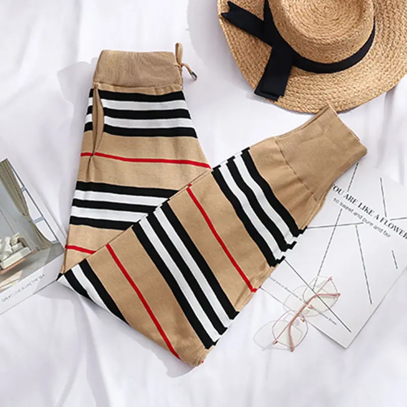 

Khaki harem pants children's Korean-style striped knitted casual high waist cropped pants bound feet student sports