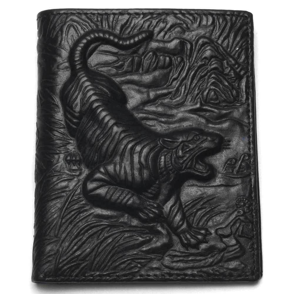 Black M Кошелек из натуральной кожи с 3D рисунком тигра, мужской кошелек, мужской кошелек из натуральной кожи, Мужской винтажный кошелек из воловьей кожи, высокое качество - Цвет: Black M