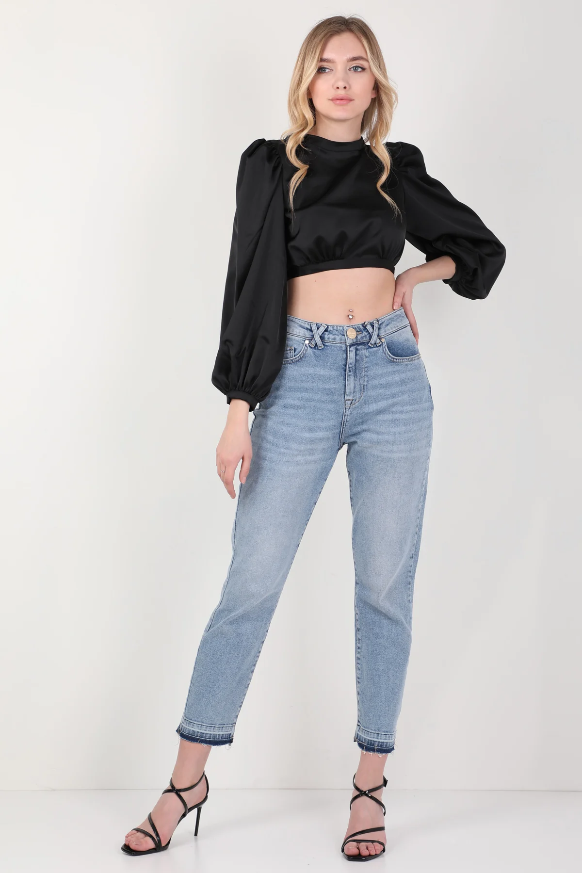 

Womens Black Backless Satin Crop Blouse