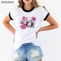 2021 summer top flower camera printed t shirt womens short sleeve tshirt femme casual white t shirt female streetwear tees