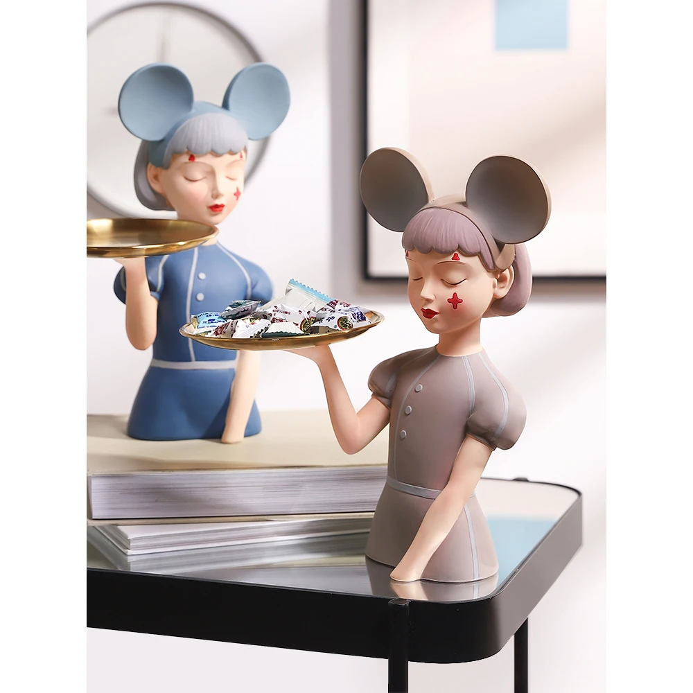 

Cute Mouse Girl Sculpture Tray Home Storage Decoration Resin Statue Desktop Accessories Living Room Decoration Crafts Kids Gifts