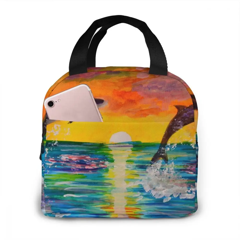 

Two Dolphins Jumps Out Sea Lunch Food Box Bag Fashion Insulated Thermal Food Picnic Lunch Bag for Women kids Men Cooler Tote Bag