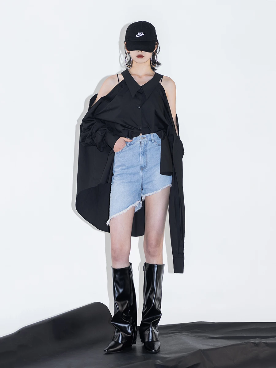 

Ourhour Summer Women's Light Blue Oblique Raw Edge High Waist Was Thin Wild Asymmetric Denim Shorts