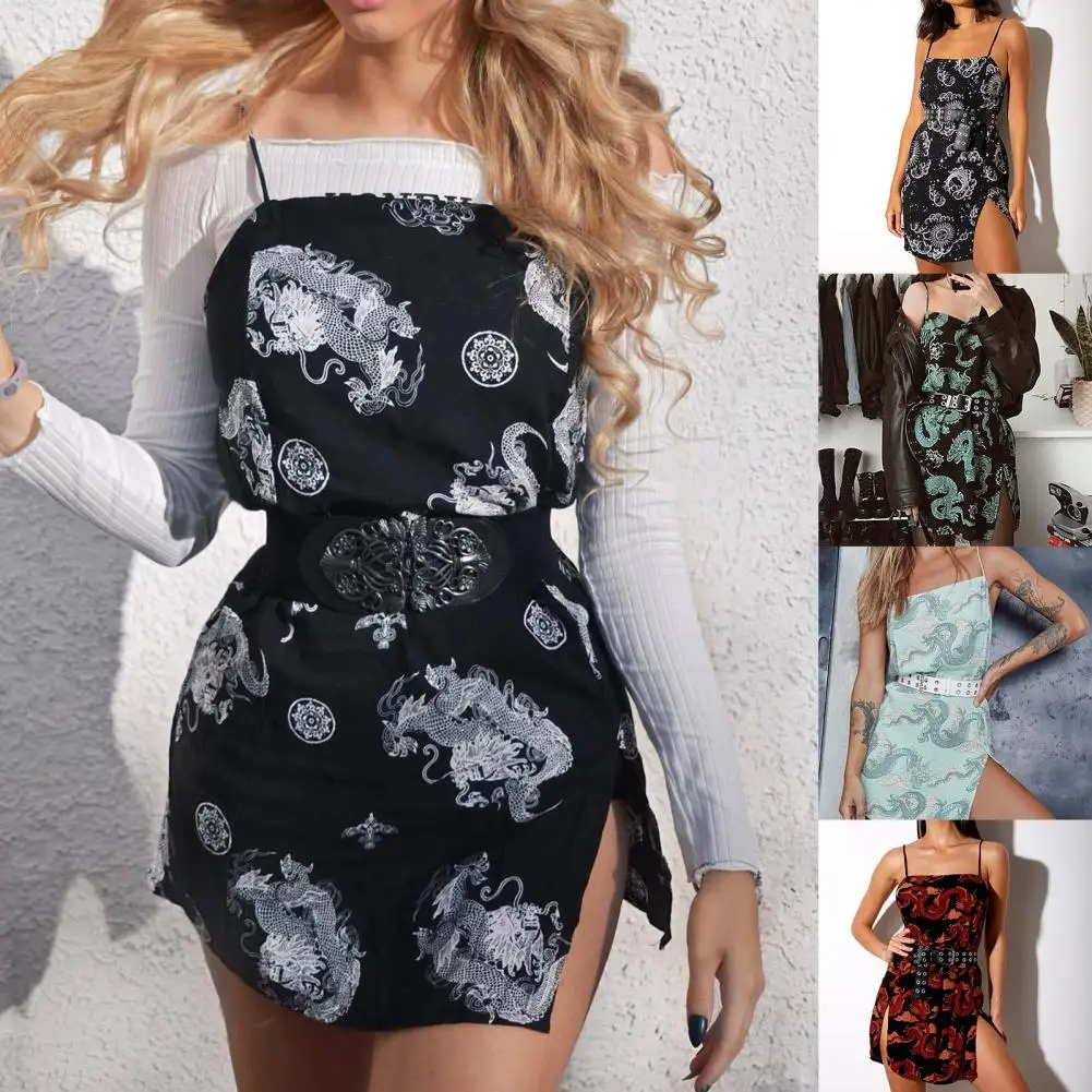 

Mini Dress Dragon Print A Shape Sexy Backless Split Hem Dress for Party Slim Club Women Vintage Sleeveless Short Dress Summer
