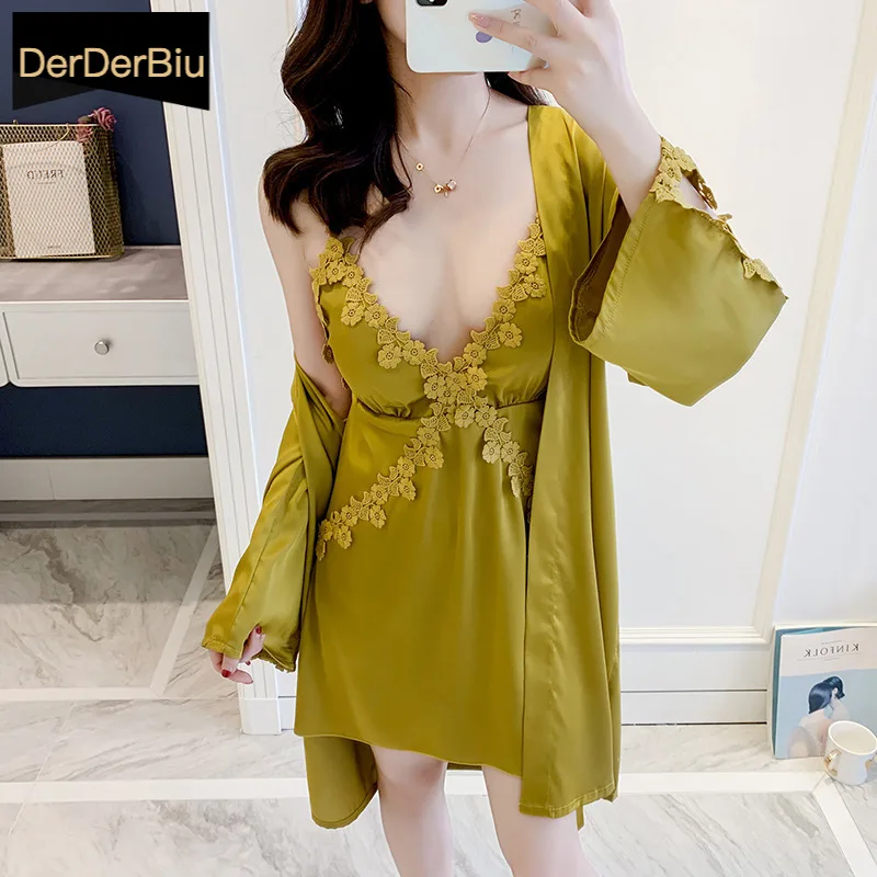 

Sexy Woman Camisole Night Skirt Ice Silk Robe Two Pcs Suit Long Sleeve Lace Sexy Nightwear Soft Satin Homewear Yellow Nightwear