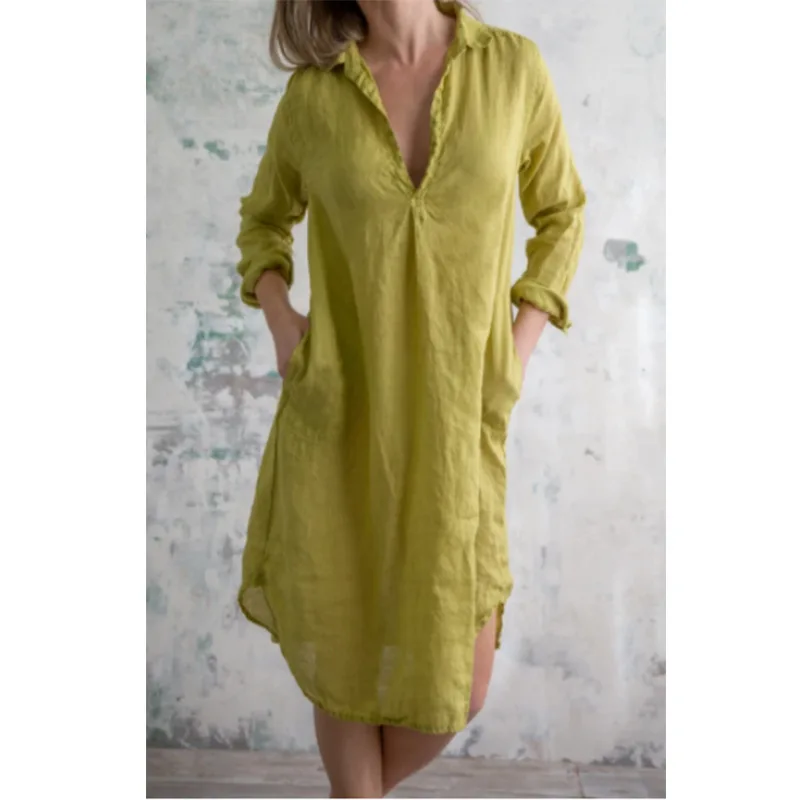 

2021 new pure color cotton and linen simple V-neck women's dress