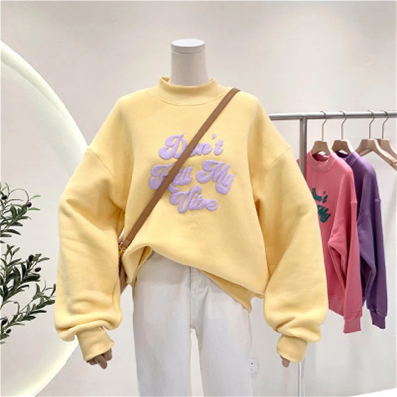 

2021 Autumn Winter Plus Velvet Warm Women's Oversized Hoodie Half-collar Pullover Sweatshirt Long Sleeve Female Harajuku Tops