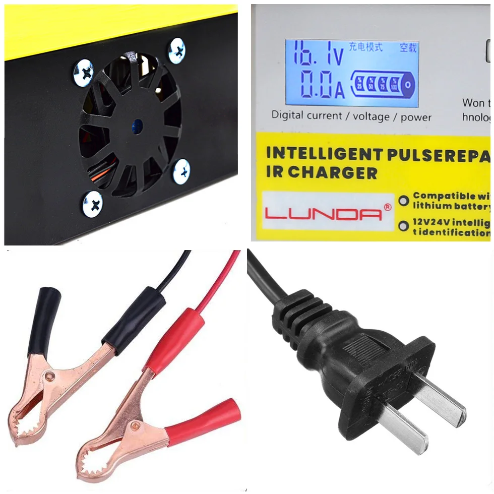 Автоматическое интеллектуальное зарядное устройство для автомобильного аккумулятора типа 400AH для зарядки 12V 24V мотоцикла, грузовика, автомобиля и мотора.
