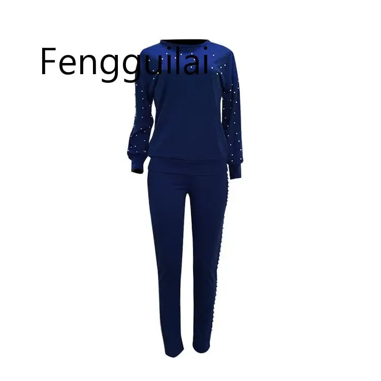 FENGGUILAI новые модные комплекты из 2 предметов синие Черные женские костюмы повседневные топы с жемчугом и круглым вырезом+ штаны комплект из двух предметов набор для бегунов - Цвет: Blue