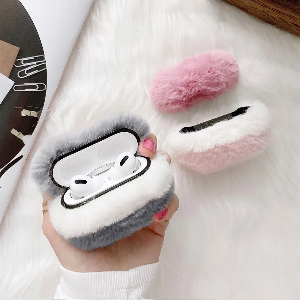 

Artificial Rabbit Fur Case for AirPods 1 2 Wireless Charging Fluffy Box with Carabiner Plush Protector Cover for Airpods Pro