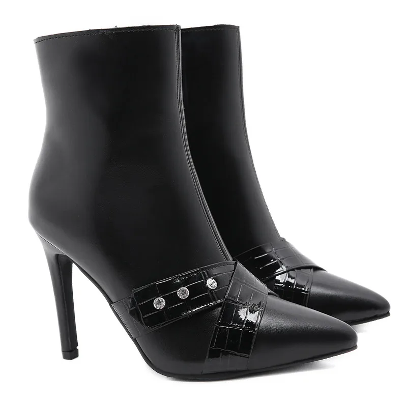 

Hjwsfdcai Women Pointed Toe Zipper Ankle Boots Rhinestone Decor Ladies British Wind Fashion High Heel Shoes New Warm Mujer Shoes
