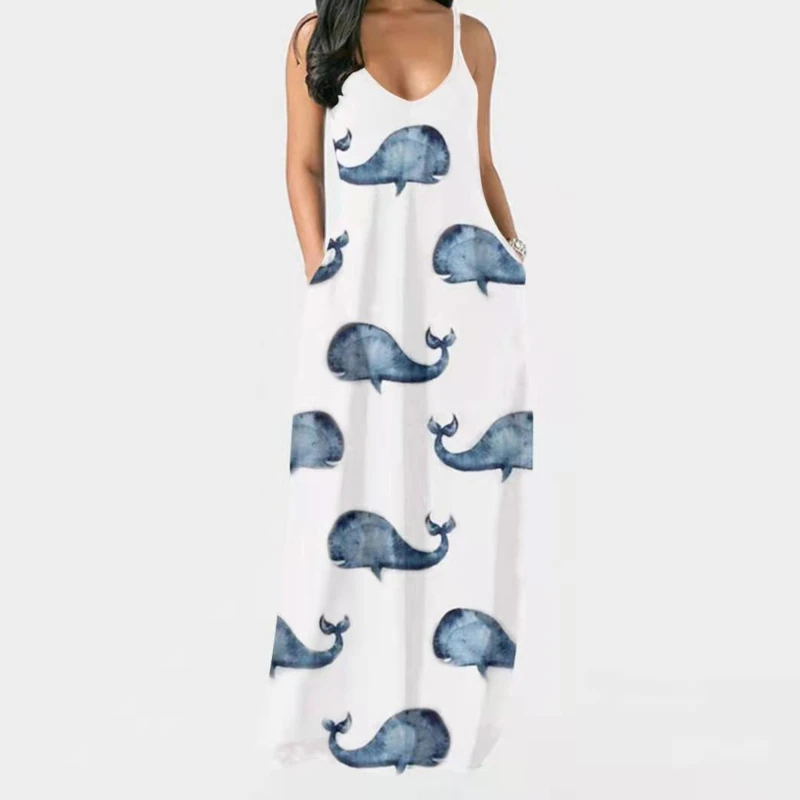 

Fashion Women's Loose Summer Sleeveless Casual Print Pocket Sling Dress Soft Ankle Length Beach Female Dress