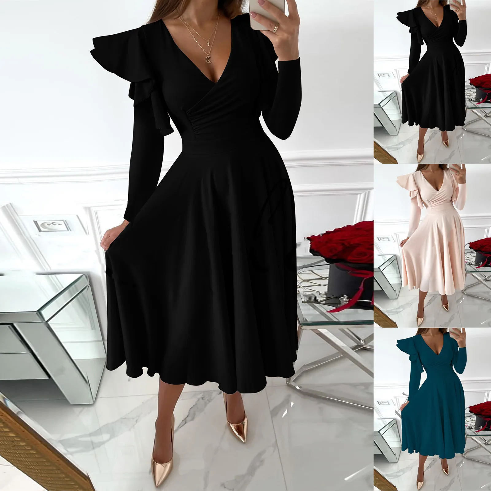 

Women Casual Long Sleeve Dress Sexy Deep V-Neck Ruffle Party Dress Spring Autumn Fashion Pleated Solid Mid-Length Dress Vestidos