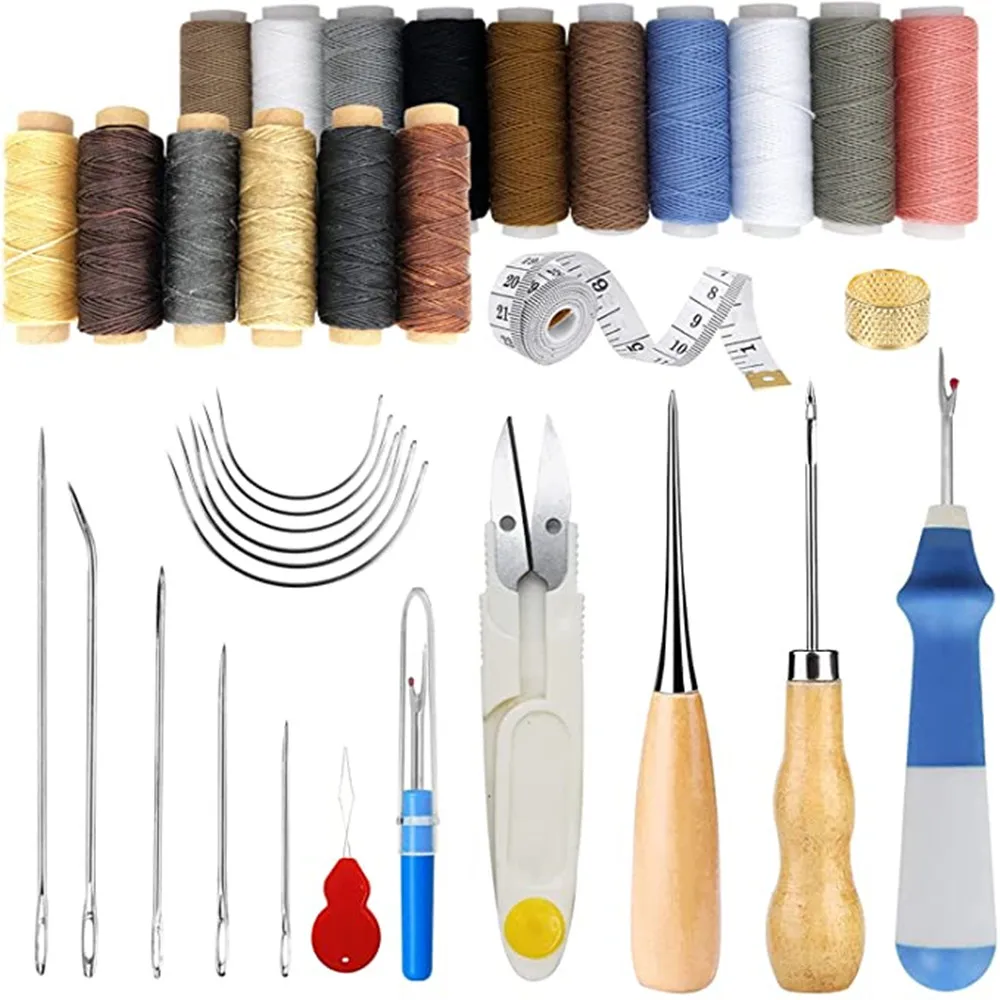 

34Pcs/Set Leather Sewing Kit With Waxed Thread Leather Needle Sewing Awl Thimble Leather Hand Stitching Punch For Canvas Repair
