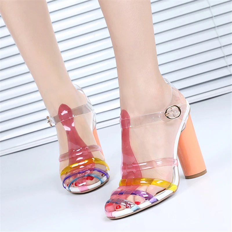 

Colorful PVC Gladiator Sandals Women Ankle Strap T-Strap Round Heel Summer Shoes Jelly Color Runway Shoes Woman